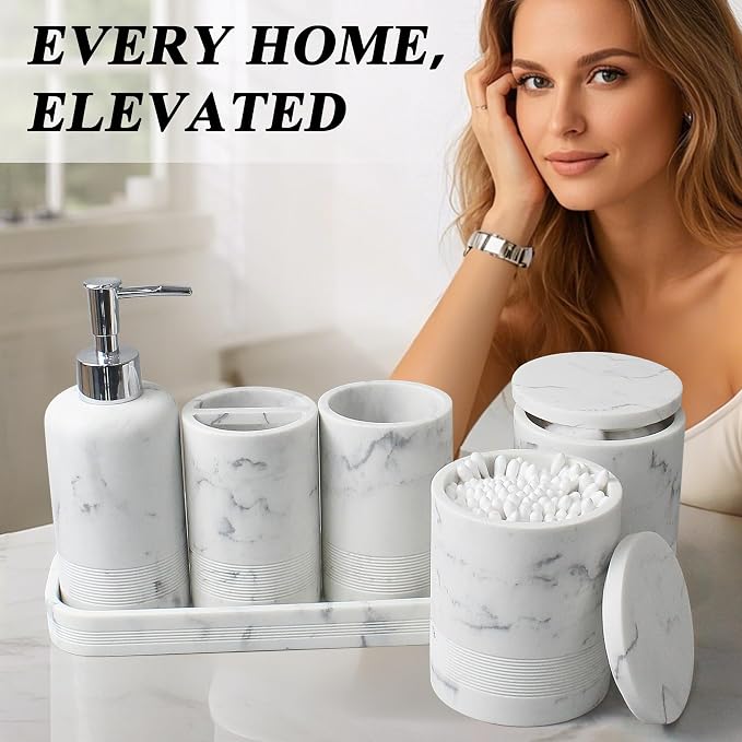 LIN CHUAN 6-Piece Bathroom Accessories Set, Organizer Set with Soap Dispenser, Toothbrush Holder Set, Vanity Tray, Tumbler & 2 Cotton Swab Jars – Modern Stylish Bathroom Storage(Marble White)