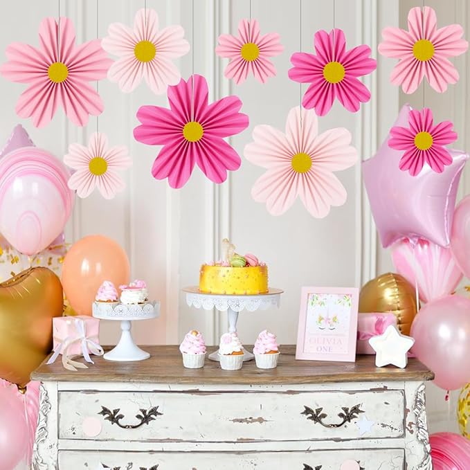 YUNXUAN Pink Party Decorations Paper Fan Paper Flowers Decorations for Wall Flower Backdrop Classroom Baby Shower Birthday Flower Wall Decor Pack of 9 Pink