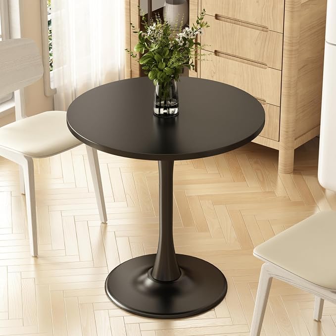 Round Dining Table 27.5" Circle Tulip Table with Wood Thickened Tabletop & Sturdy Metal Pedestal Mid Century Modern Leisure Bistro Kitchen Tables 4 People Small Places Living Room Cafe,Black