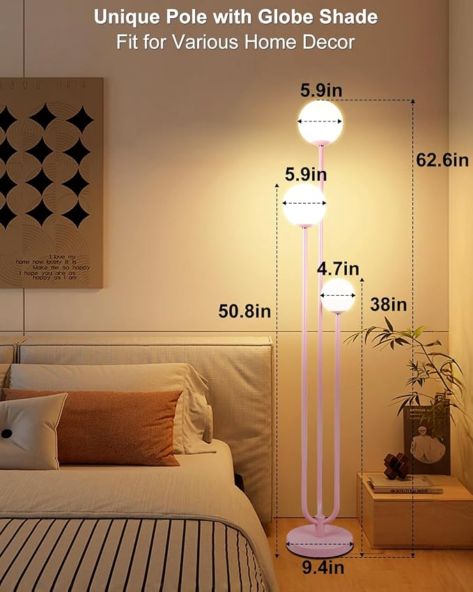 63IN 3-Light Dimmable Floor Lamp, Unique Pink Tall Standing Lamps with 3000K G9 Bulbs for Reading, Mid Century Modern Floor Lamp with 5Lbs Heavy Base for Living Room Bedroom Office