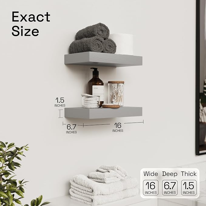 BAOBAB WORKSHOP Solid Wood Floating Shelves for Wall 16 Inch Grey, Wooden Bathroom Shelf