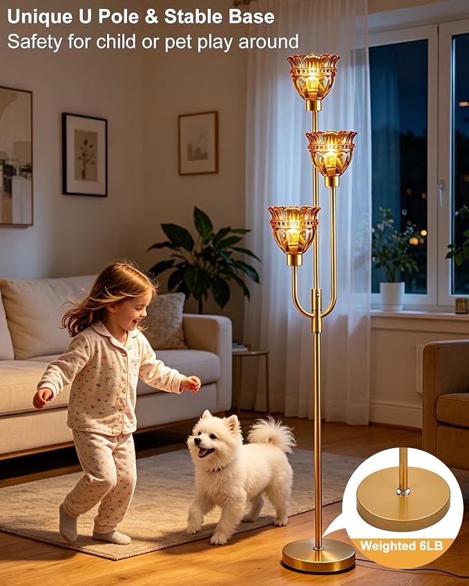 Lightdot 66IN 3-Lights Modern Glass Floor Lamp Gold Dimmable Floor Lamps with 3000K Warm White Bulbs for Wedding Party Tall Standing Lamp with Amber Glass Shade for Living Room/Bedroom/Home Decor