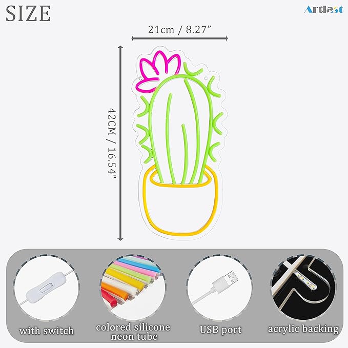 Cactus Neon Sign Potted Neon Light Cactus With a Flower LED Light Sign Plant Sign Houseplant Decoration Neon Aesthetic Decor for Bedroom Flower Store Birthday Holiday