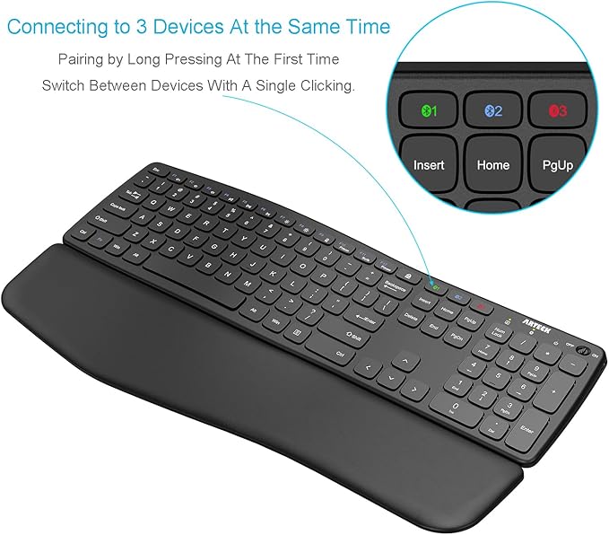 Arteck Bluetooth Keyboard Universal Wave Comfortable Keypad with Palm Rest Multi-Device Full Size Wireless Keyboard for Windows iOS iPad OS Android, Computer Desktop Laptop Surface Tablet Smartphone
