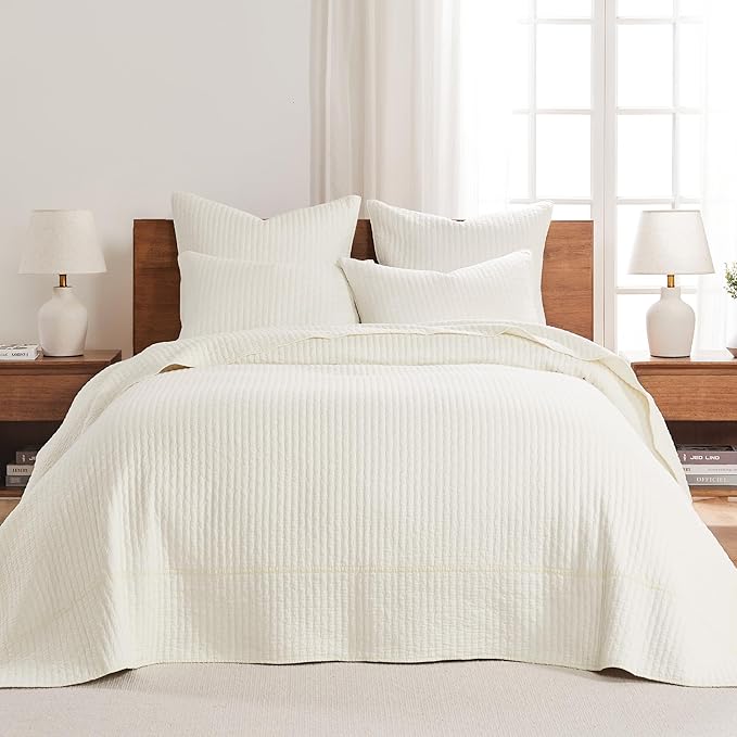 Levtex Home Cross Stitch Reversible Twin Bedspread Set (84x104in) with 1 Pillow Sham (26x20in) - Stitch Texture - Cream - Cotton Twin Size Bedspread Set - Lightweight, Soft, Pre-Washed