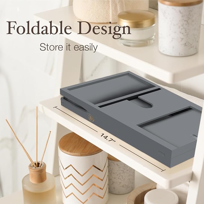 Gray Bathtub Tray for Tub - Grey Bamboo Bath Tray, Expandable Wooden Bath Caddy Tray with Wine Holder, Book and Tablet Stand, Bathroom Accessories, Tub Table, Bridal Shower Gifts for Women