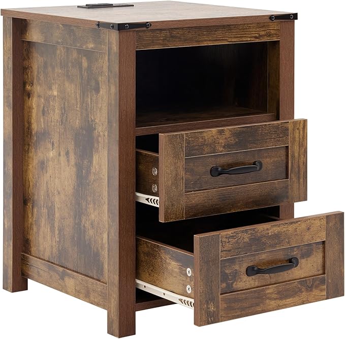 Farmhouse Night Stand, Rustic Brown Nightstand for Bedroom, End Tables with Charging Station, Bedside Table with Drawers, Wood Bedside Cabinet Dresser