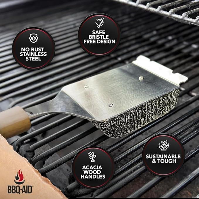 BBQ-AID Bristle Free Grill Brush and Scraper for Barbecue - Extended Large Wooden Handle with Replaceable Head - No Scratch BBQ Cleaning Accessories for Outdoor Grills