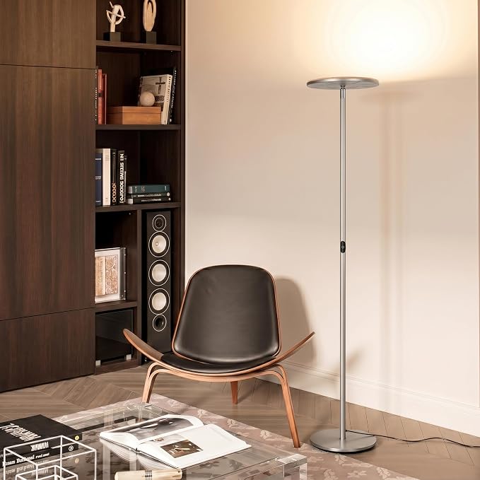 Brightech Sky LED Floor lamp, Torchiere Super Bright Floor Lamp for Living Room Decor & Office - Dimmable, Tall Standing Lamp with Warm Light for Bedroom & Reading - Brushed Nickel
