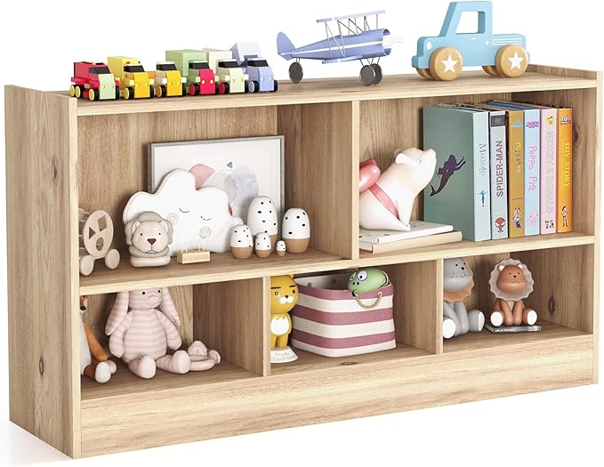 KOTEK Kids Storage Organizer, 5 Cubby Kids Bookshelf, Wooden 2-Layer Bookcase Storage Cabinet, Toy Shelf for Daycare, Nursery, School Classroom, Playroom, Living Room & Bedroom (Natural, 5 Cubes)