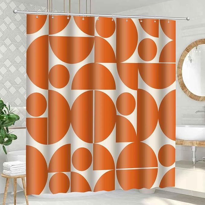 Vintage Orange Mid Century Modern Shower Curtain Boho Abstract Geometric Art Shower Curtains for Bathroom Decor 60x72 Inch 70s 80s Retro Washable Fabric Bathroom Set with 10 Hooks