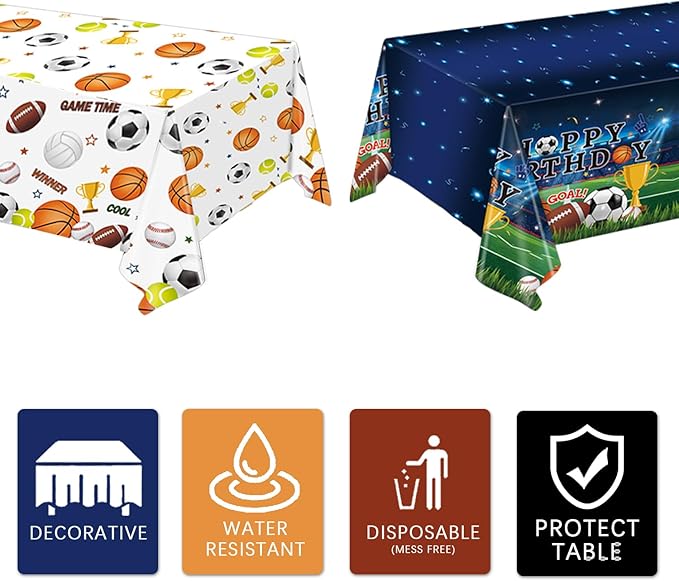 4 Pack Sports Tablecloths, 54 x 108 Inch, Multicolor, Rectangular, Plastic, Sports Party, Spill Resistant, Wipe Clean