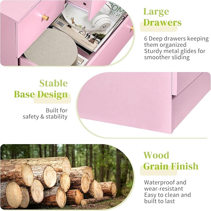 Karl home Pink 6 Drawer Dresser for Bedroom, Tall Dresser Chest of Drawers, Rustic Wood Bedroom Dressers Clothes Organizer, Anti-Tipping Device, Rose Gold Metal Handle, Living Room, Entryway, Office