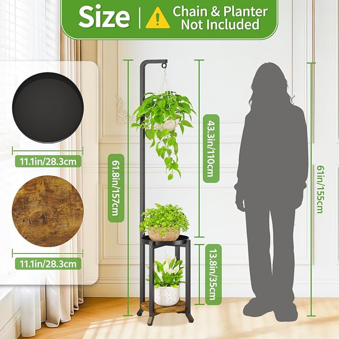 KMOTASUO Black 2 Tier 61.5 Inch Plant Stand Indoor with Hanging Ring, Tall Large Heavy Duty Metal Vertical Rack for Multiple Planter, Sturdy Rustic Corner Flower Shelf Holder Organizer for House Patio