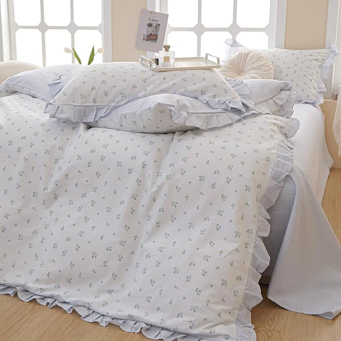 LifeTB King Comforter Set Blue Floral Comforter Set King Romantic Girls Ruffle Lace Bedding Set Fluffy Soft Lightweight Girls Comforter with 2 Pillowcases for All Seasons