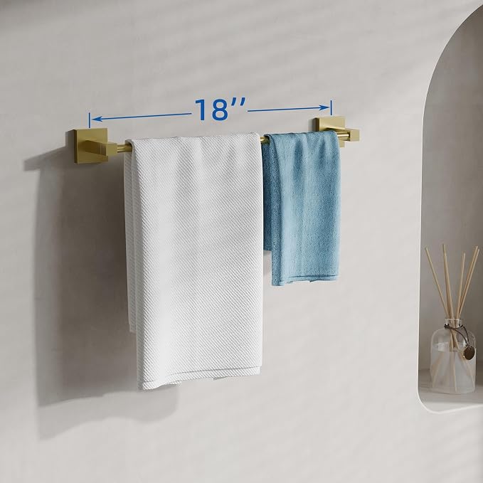 RUACQ Gold Towel Bar 18 inch, 304 Stainless Steel Towel Racks for Bathroom Wall Mounted, Heavy Duty Bath Towel Rod with Square Base(Brushed Gold)