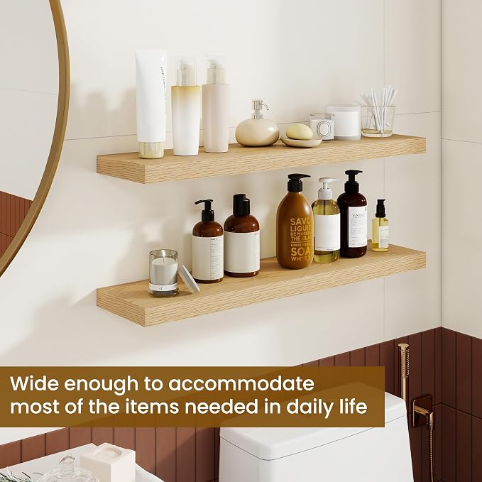 Dreamland 30Inch Floating Shelves for Wall, Rustic Wooden Floating Shelves for Bathroom|Bedroom|Kitchen, 2 Pack Deep Wall Mounted Book Shelf, Wood Storage Display Shelf for Home Decor, Oak