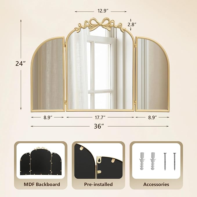 Besdomus Bow Vanity 3 Way Mirror: 36"x24" Gold Large Antique Wall Vanity Mirror - French Baroque Traditional Ornate for Bathroom/Bedroom/Living Room - Home Decor for Housewife
