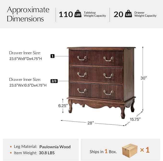 HULALA HOME Transitional Side Table with 3 Drawers and Charging Station, 28" Solid Paulownia Wood Sidetable with Vertical Stripe, Walnut