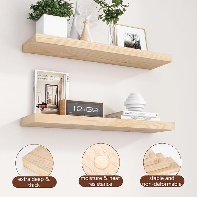 fuqing 30 Inch Floating Shelves | Natural Wood Wall Shelves Set of 2 | 30" W x 6.7" D Natural Wooden Floating Shelves for Living Room Bedroom Home Office