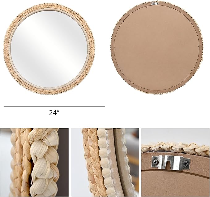 FUIN 24" Rattan and Wood Round Mirror for Boho Bathroom, Entryway, Living Room Decor