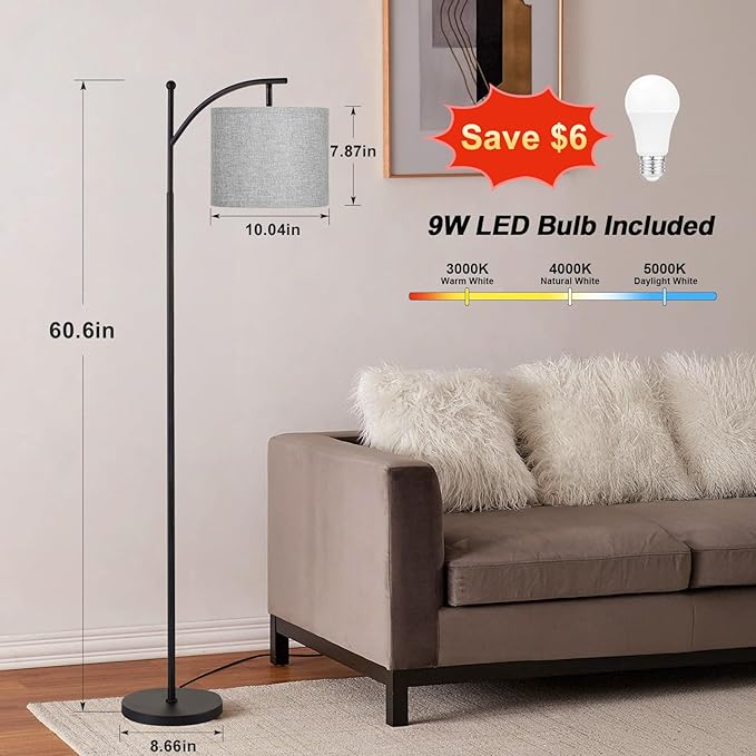 Ambimall 60" Floor Lamp for Living Room with 3 Color Temperatures, Adjustable Grey Shade with Black Pole, Tall Lamp for Bedroom Office Classroom Dorm Room, 9W Bulb Included