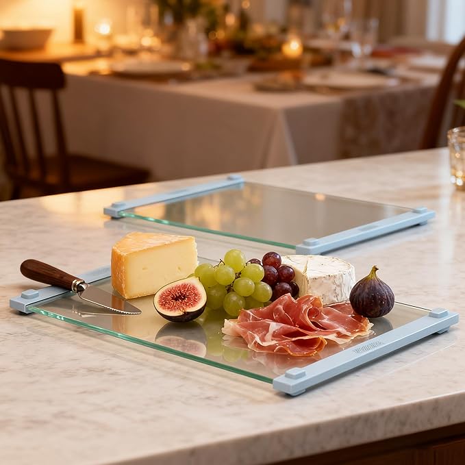 2PCS Glass Cutting Board with Silicone Grip, 80% Stronger Shatter Resistance and Slip Resistance,No Scratches/Microplastic-Free,Dishwasher Safe, Non Toxic Chopping Board for Kitchen (Blue)