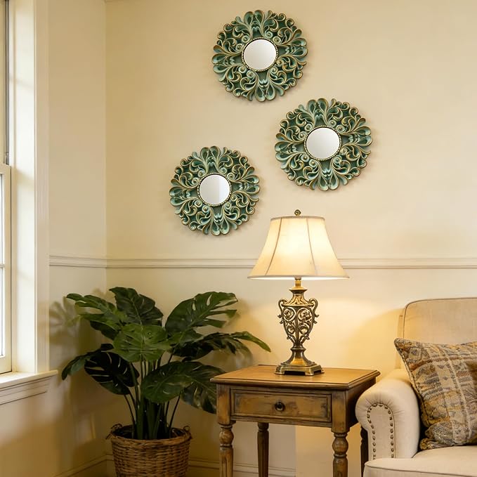 DXYAKY 3 Pack Floral Ornate Decorative Wall Mirror - Elegant Mint Green with Gold Accents, 9.8" Plastic Round Mirror Set, Lightweight Wall Art Décor for Bedroom, Bathroom, Living Room & Entryway