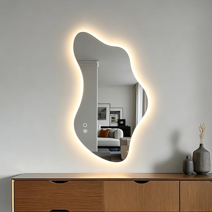 43.3″ Asymmetrical Bathroom Mirror with Lights, LED Irregular Wall Mirror, Abstract Modern Lighted Vanity Mirror for Wall, Anti-Fog, Dimmable, Horizontal/Vertical