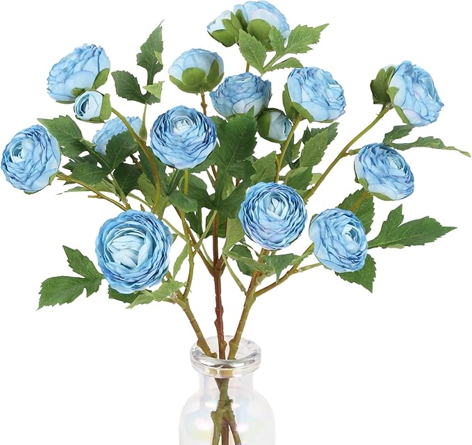 Blue Ranunculus Artificial Flowers 3PCS 18 Heads Faux Silk Peonies with Stems Real Look Faux Ranunculus for Centerpieces Arrangements Wedding Party Home Decoration(Blue)