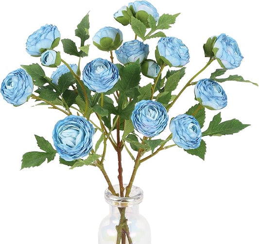 Blue Ranunculus Artificial Flowers 3PCS 18 Heads Faux Silk Peonies with Stems Real Look Faux Ranunculus for Centerpieces Arrangements Wedding Party Home Decoration(Blue)