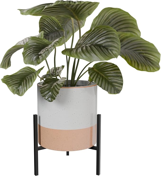 23 Bees Mid-Century Modern Ceramic Planter with Plant Stand Indoor Decorative Plant Pot with Stand in Earthy Beige and White Glaze, Black Metal Stand (Large 16 inch plant pot, Three sizes) (Small)