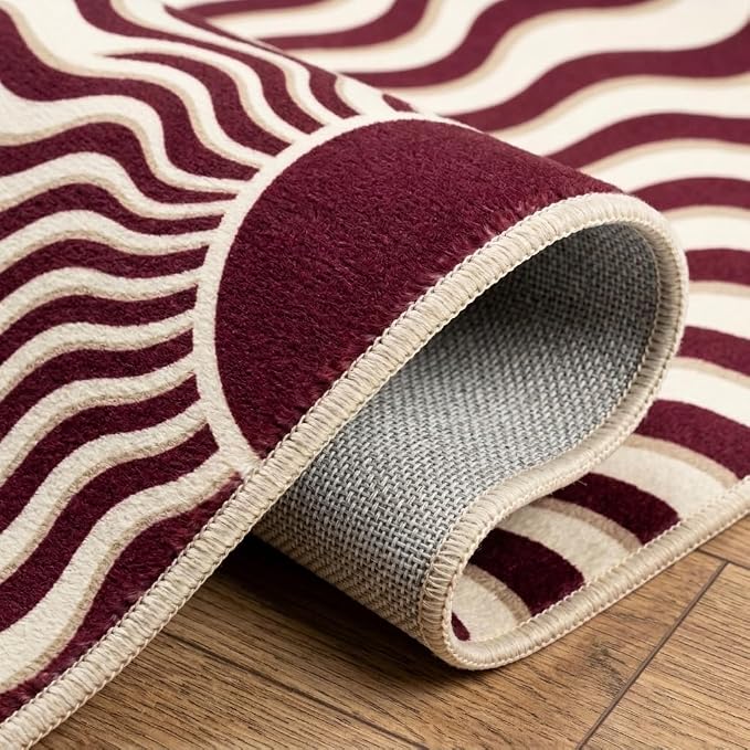 5x7 Retro Abstract Area Rug, Burgundy and Beige Wavy Sunburst Rug, Washable Non-Slip Low Pile Faux Cashmere Rug for Living Room, Bedroom, Home Office