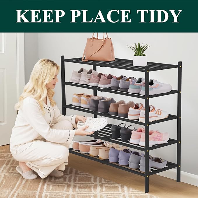 Smiry Long Bamboo Shoe Rack 5-Tier, Stackable Wooden Shoe Organizer for Entryway & Closet, Free Standing Wood Shoe Storage Shelf for Front Door & Small Spaces, Black