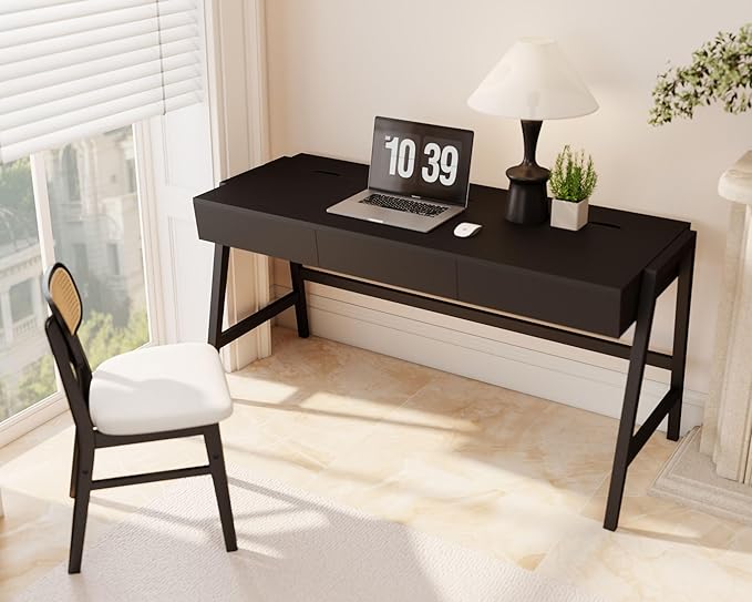 HNY 59 Inches Black Wooden Writing Desk with 3 Drawers, Computer Study Table with MDF Top, Solid Rubberwood Legs and Hidden Cable Management Holes, Corner Makeup Vanity Desk for Home Office, Bedroom