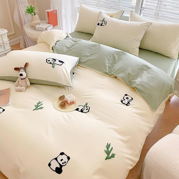 MorroMorn Queen Duvet Cover Cotton, 3D Embroidery Queen Bed Set Green, Chenille Embroidered Comforter Covers Blanket Soft Breathable Sweat-Absorbent for Girls Boys Kids Teen (Panda, Full/Queen)
