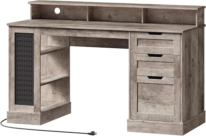 55-Inch Farmhouse Executive Desk with 2 Drawers and File Cabinet, Computer Desk with 3-Tier Storage Shelves, Home Office Desk with Charging Station, Pegboard and Monitor Shelf, Gray