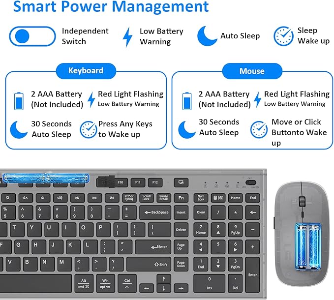 Wireless Keyboard and Mouse, GALENMORO Silent Quiet Combo Low Profile USB C Full Size Compact with Number Pad Flat Soft Touch Cordless for Mac Computer PC Laptop MacBook iMac Office - Black and Gray