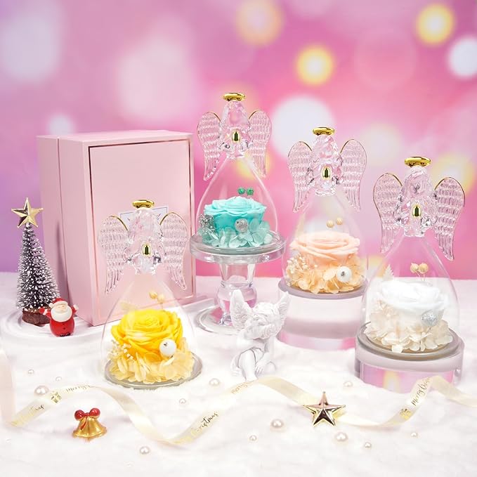 Sunia Preserved Flower Rose Gift for Women - Mother's Day Birthday Gifts for Mom Wife Grandma, Glass Angel Figurines Forever Real Roses Gifts for Her Valentine Day Thanksgiving﻿ (White)