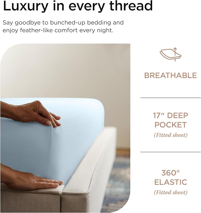 Threadmill Luxury Full Size Sheets for Full Size Mattress, 1200 Thread Count Supima Cotton Sheets for Full Mattress, 5-Star Hotel Quality 4 Piece Bed Sheets with Extra Deep Pocket, Light Blue