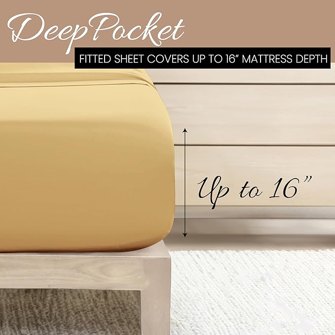 Linen Market Brushed Microfiber King Sheet Set 4 Piece – Oeko-TEX Certified Ultra Soft & Wrinkle-Free - 16" Deep Pocket Sheets - Easy Care King Size - Gold