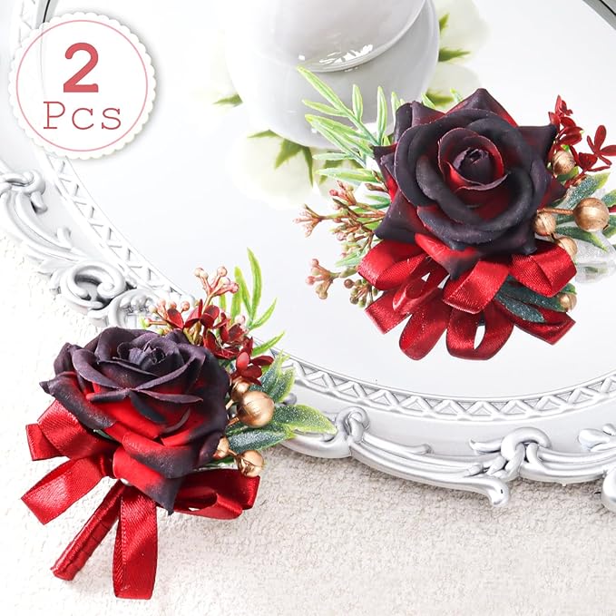 2 Pcs Wine Red Rose Wrist Corsage and Boutonniere Set, Rose Corsage Hand for Women, Boutonniere for Men Wedding Artificial Flowers Accessories Prom Decor, Christmas Party Accessories (Wine Red)
