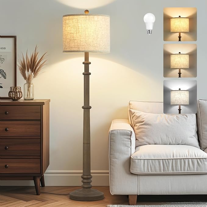 EJIAXIN Floor Lamps for Living Room - 60" Resin Farmhouse Floor Lamp with Adjustable Color Temperatures - Vintage Standing Lamp Reading Light with Linen Shade Retro Tall Lamp for Bedroom Office, Grey