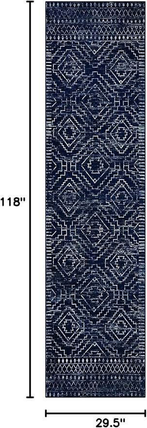 Wonnitar Moroccan Hallway Runner Rugs, 2'6"x10' Washable Non-Skid Blue Runner Rugs for Kitchen, Boho Non-Shedding Soft Long Runner Geometric Low Pile Carpet for Entryway Bathroom (Blue,2'6"x10')