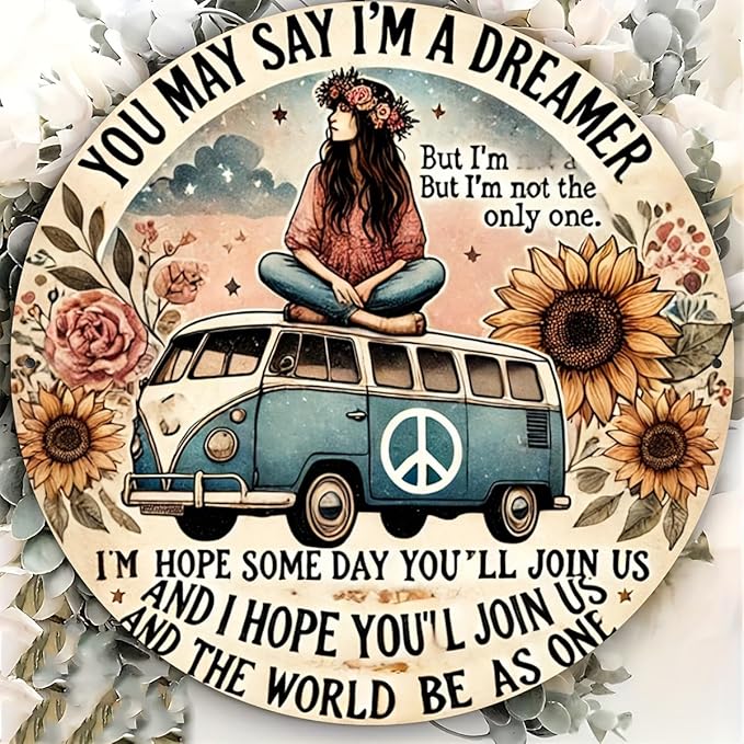 Hippie Van Round Aluminum Sign "Dreamer" Quote Wall Art Decor, Retro Floral Peace Bus Home Decoration, Funny Tin Plaque for Kitchen, Restaurant,Garage - 1 Piece Vintage Engraved7.98x7.98 Inch