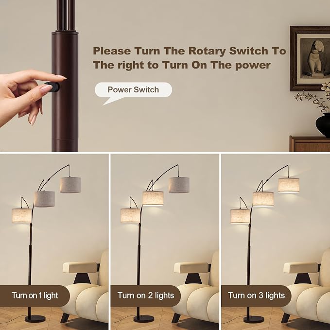 Netin 3 Light Arc Floor Lamps for Living Room, Dimmable Floor Lamp with Remote Control, Modern 80" Tall Standing Lamp, 3 Color Temperature, Mid Century Tree Floor Lamp for Bedroom, Office (Brown)