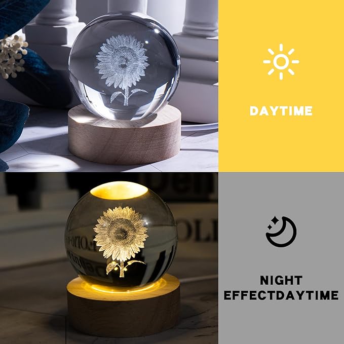 3D Laser Etched Sunflower Crystal Ball, Sunflower Decor Glass Sphere Lamp Night Light, Crystal Flower Figurines Collectibles Gifts for Mom Women Girls
