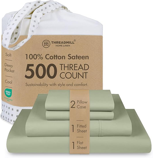 Threadmill - Hotel Luxury King Size Sheets 100% Cotton, 500 Thread Count Deep Pocket, Snug Fit, Soft & Crisp Cooling Hotel-Quality Bedsheets 4 Piece Set Sage Green