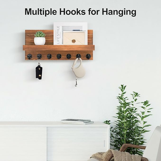 Lwenki Key Holder Wall Mount, Entryway Key and Mail Holder with 7 Sturdy Hooks for Sunglasses, Dog Leash, Decorative Wall Shelf with Mounting Hardware, 15”W x 6.7”H x 4.2”D