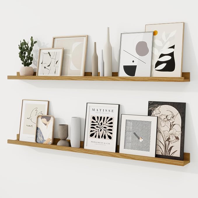 RICHFOCUS Picture Ledge Shelf, 48 inch Floating Shelves Set of 2, Wood Wall Shelves with Lip, Wall Decor Storage for Bedroom Living Room Bathroom Kitchen Nursery Photo Picture, Oak